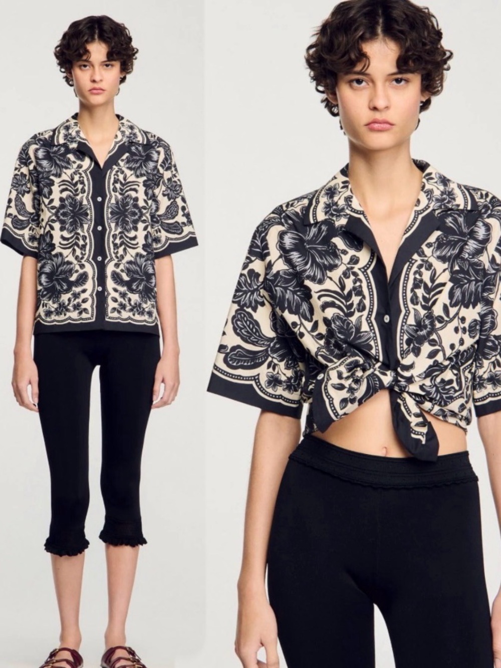 SANDRO
Floral-print cotton-poplin shirt Black & Cream Sz L